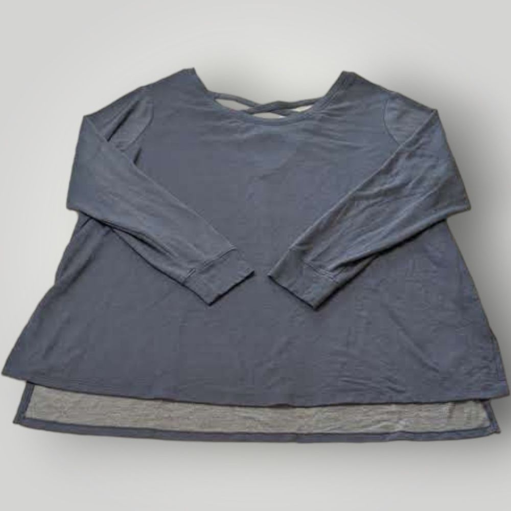 Terra & Sky Women's PLUS 1X Blue Gray STRETCH Top Lace Back Long Sleeve Shirt
